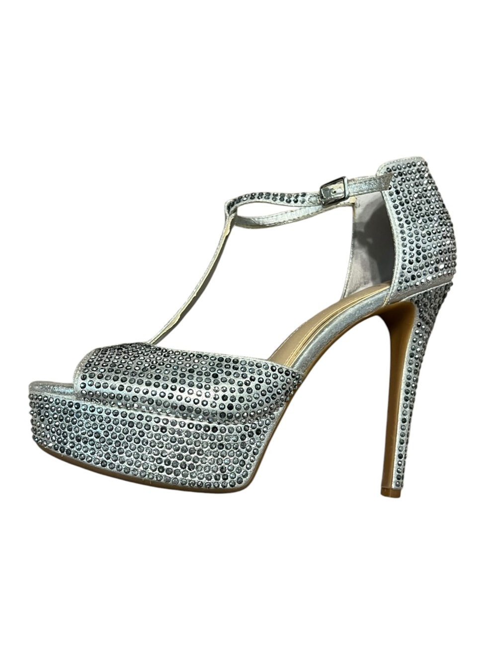 Gianni Bini Bright-Night Silver Rhinestone Platform T-Strap Heels Size 8.5M